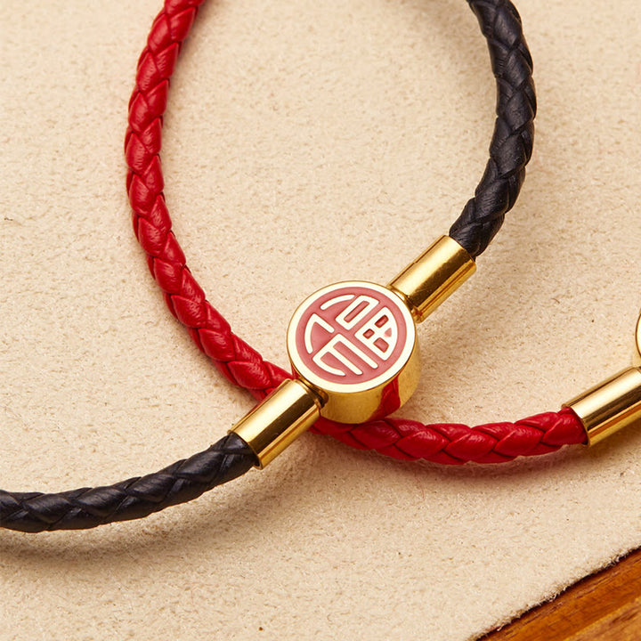 Buddha Stones Fu Character Blessing Fortune Leather Buckle Bracelet