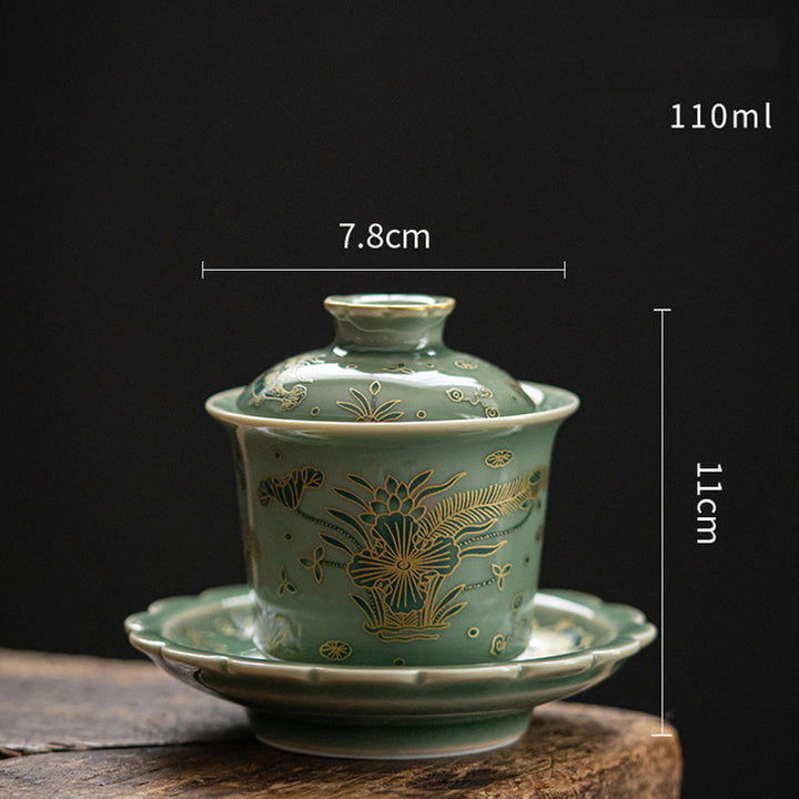 Buddha Stones Green Porcelain Butterfly Flower Salmon Fish Ceramic Gaiwan Sancai Teacup Kung Fu Tea Cup And Saucer With Lid