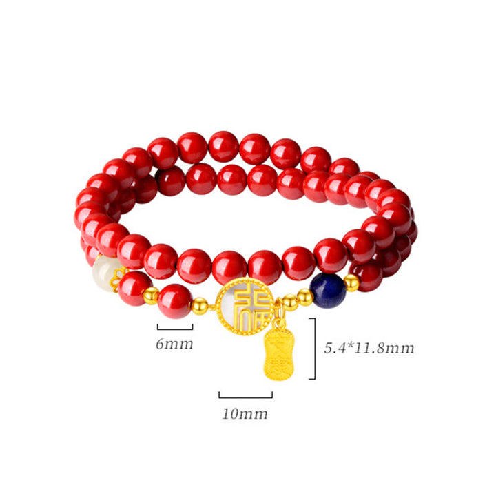 Buddha Stones 925 Sterling Silver Cinnabar Tridacna Stone Fu Character Double Wrap Blessing Bracelet