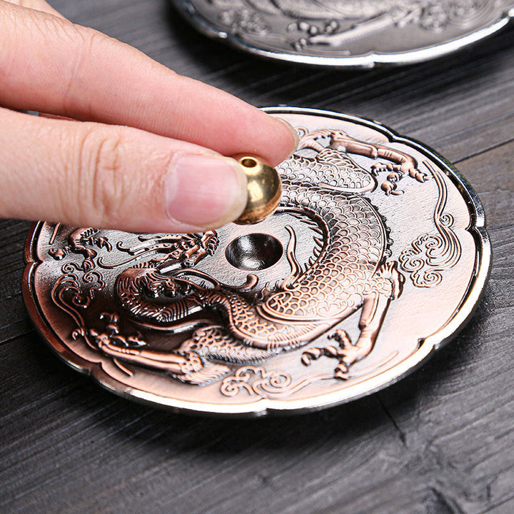 Buddha Stones Round Auspicious Dragon Protection Copper Alloy Stick Incense Burner Decoration