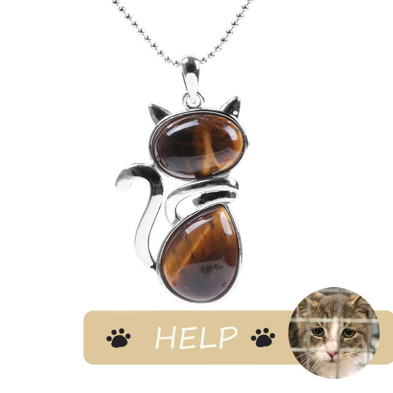 "Save A Cat" Cute Cat Pattern Natural Crystal Protection Cat-Loving Pendant Necklace