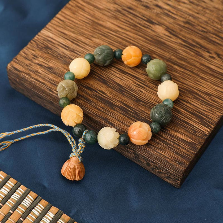 Buddha Stones Bodhi Seed Lotus Bead Engraved Moss Agate Peace Calm Bracelet