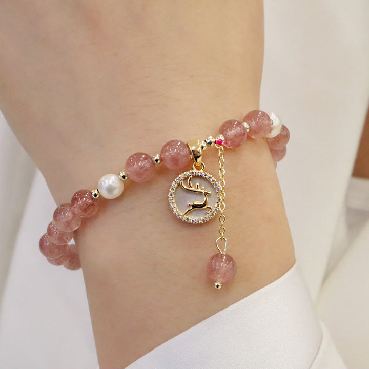 Buddha Stones Strawberry Quartz Pearl Elk Smiley Face Fishtail Fu Character Charm Healing Bracelet