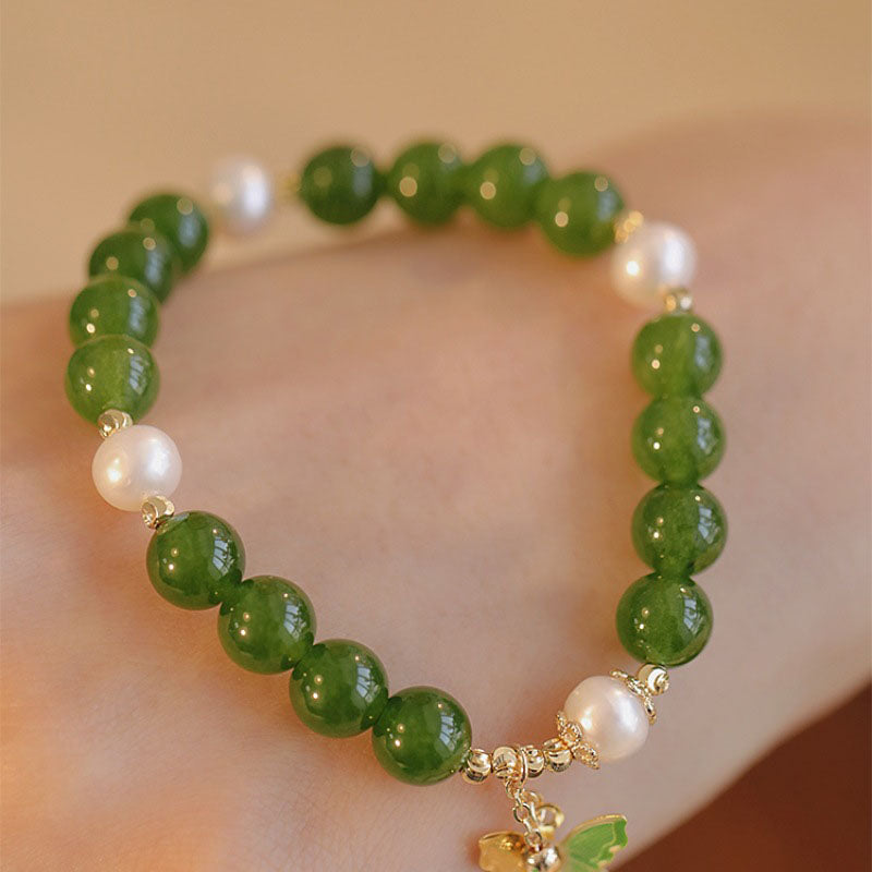 Buddha Stones Natural Green Chalcedony Pearl Butterfly Courage Strength Bracelet