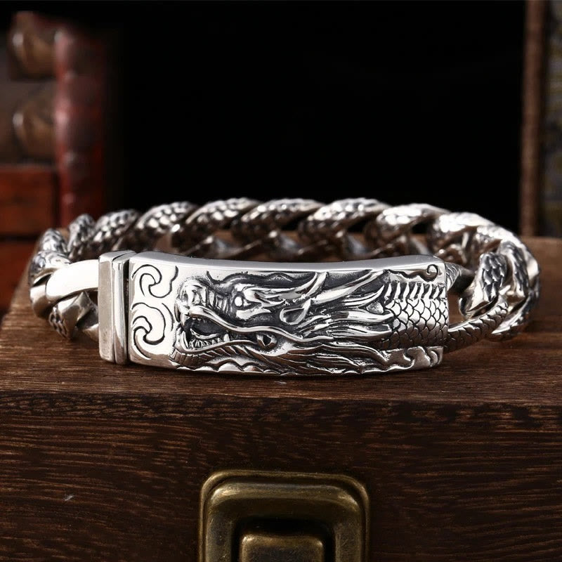 Buddha Stones Retro Dragon Scale Pattern Engraved Protection Bracelet