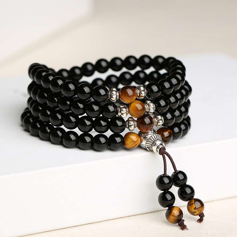 Buddha Stones Black Obsidian Tiger Eye Blessing Mala Bracelet