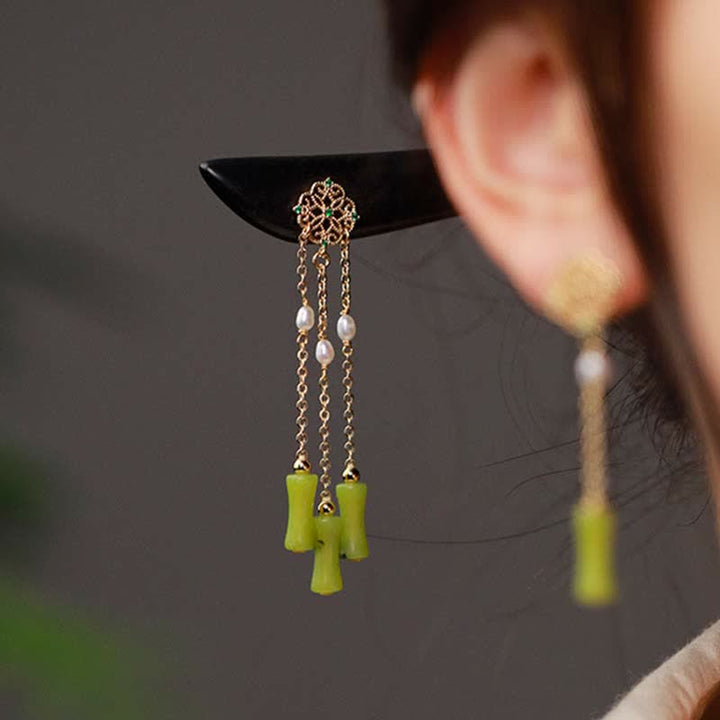 Buddha Stones Natural Peridot Ebony Wood Love Tassels Hairpin