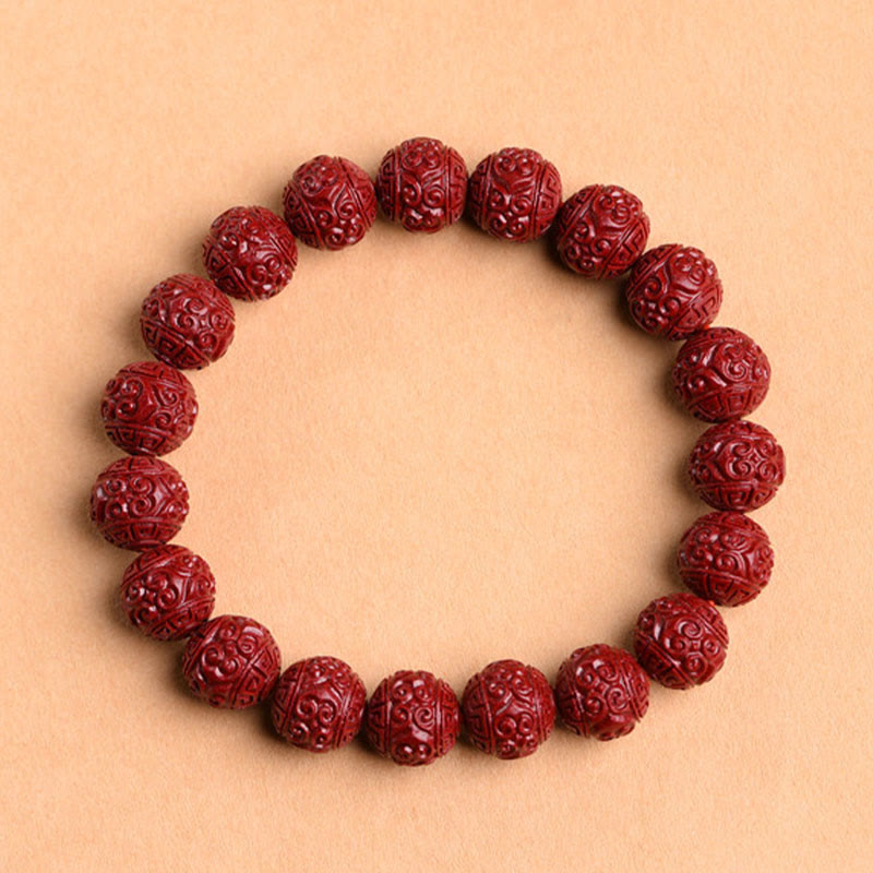 Buddha Stones Natural Cinnabar Om Mani Padme Hum Fret Pattern Lotus Blessing Bracelet