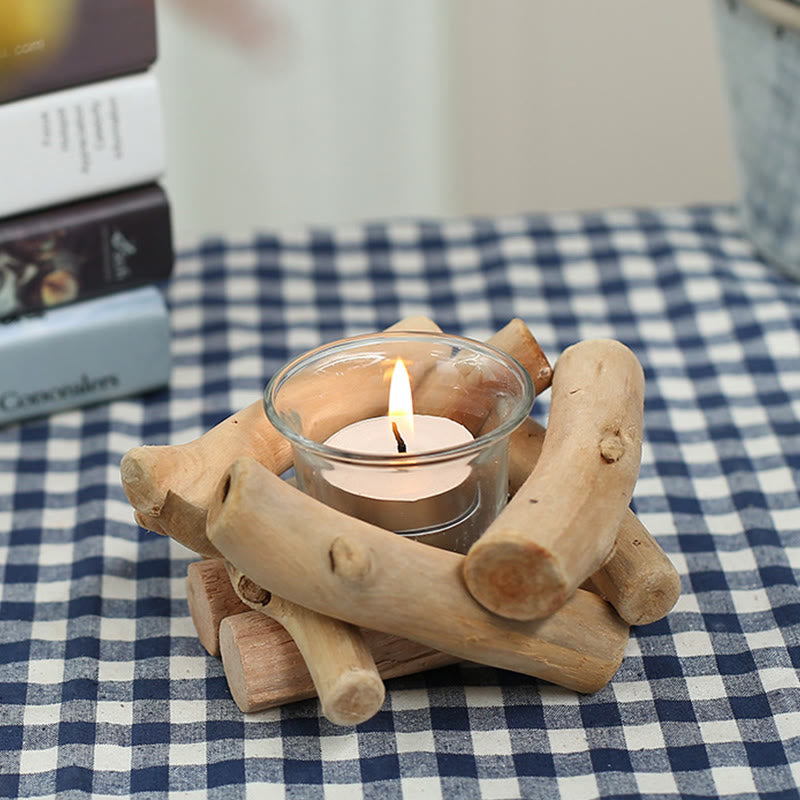 Buddha Stones Wood Candlestick Home Candle Holder Decoration