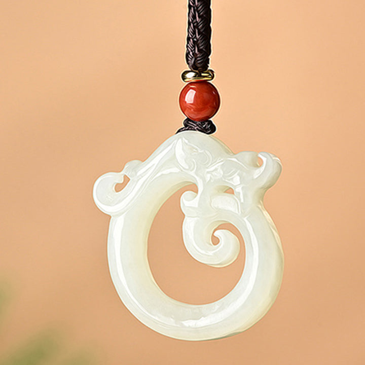 Buddha Stones White Jade Cyan Jade Dragon Protection Necklace String Pendant