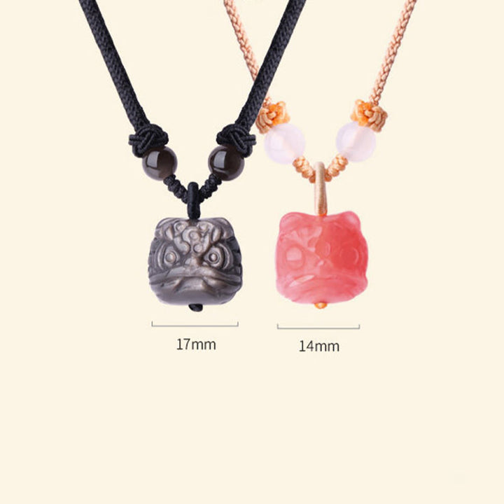 Buddha Stones Natural Silver Sheen Obsidian Red Agate Dancing Lion Protection Necklace Pendant