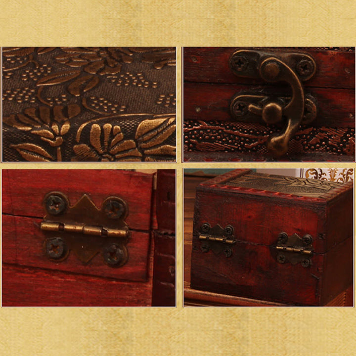 Buddha Stones Retro Small Square Wood Jewelry Box Lotus Grass Flower Grape Copper Coin Daffodil Jewelry Storage Box