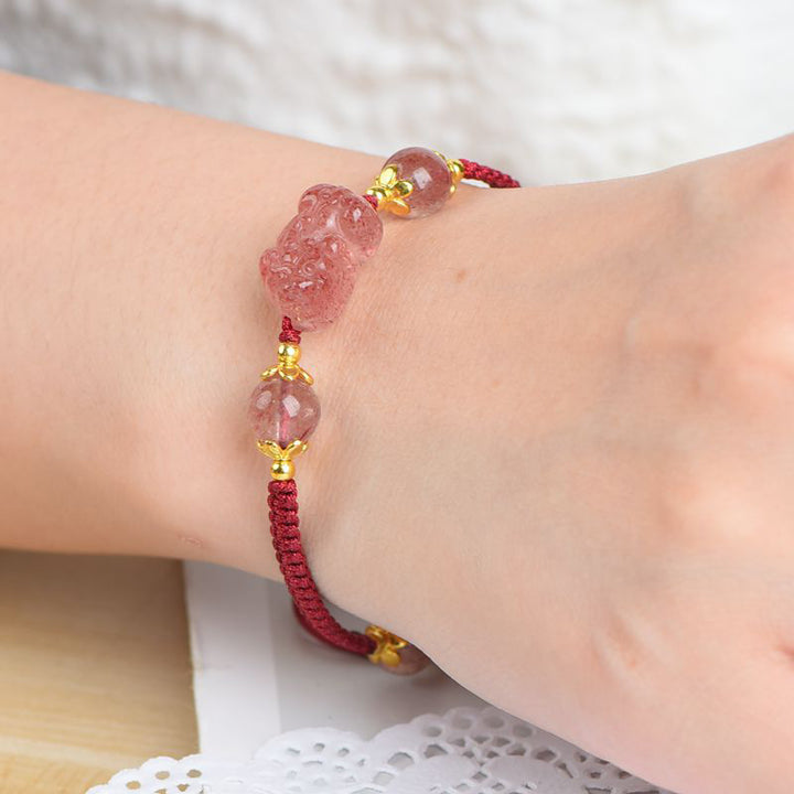 Buddha Stones Natural Strawberry Crystal Pixiu Charm Lucky Red String Bracelet