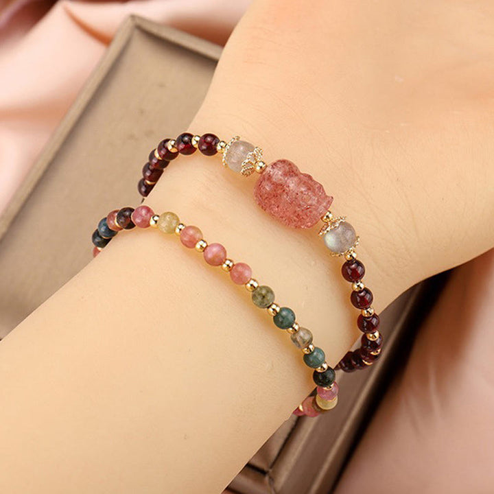 Buddha Stones Natural Tourmaline Garnet Strawberry Quartz PiXiu Moonstone Protection Bracelet