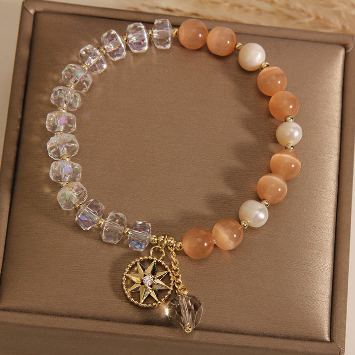 Buddha Stones Orange Cat's Eye White Crystal Star Support Bracelet