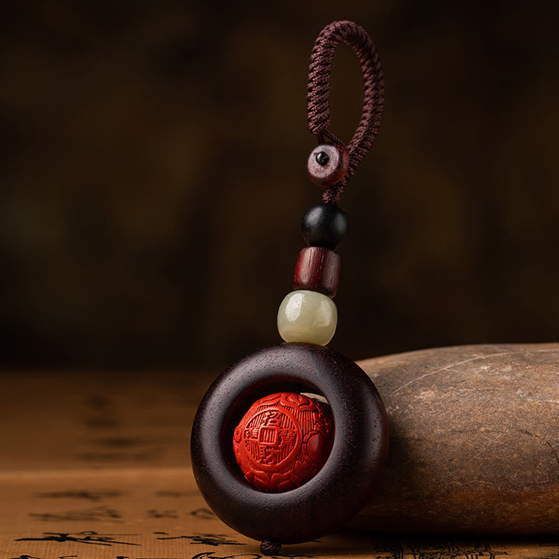 Buddha Stones Tibet Om Mani Padme Hum PiXiu Copper Coin Small Leaf Red Sandalwood Cinnabar Protection Key Chain