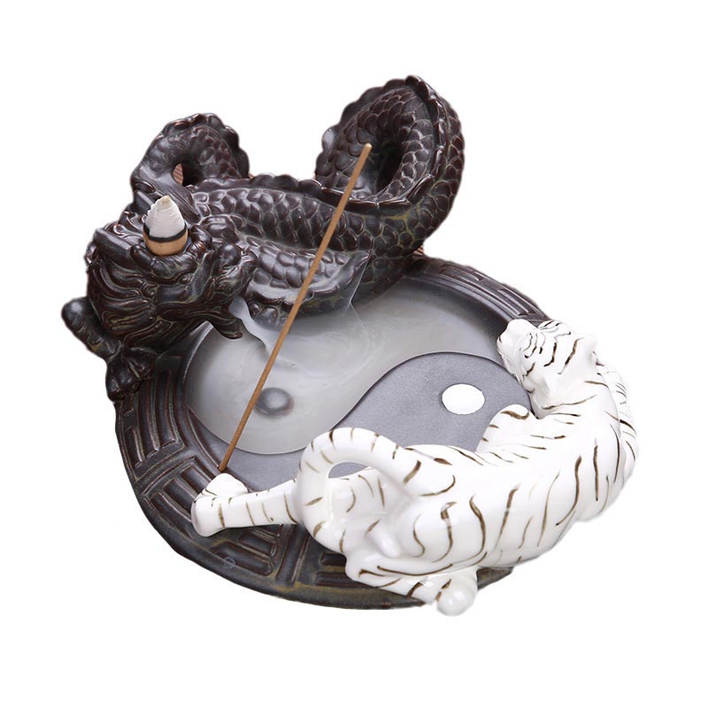 Tiger Dragon Backflow Smoke Fountain Ceramic Yin Yang Blessing Incense Burner Decoration