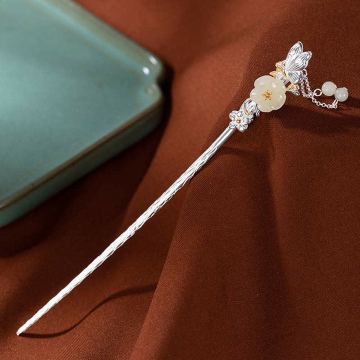 925 Sterling Silver Hetian White Jade Flower Blessing Hairpin