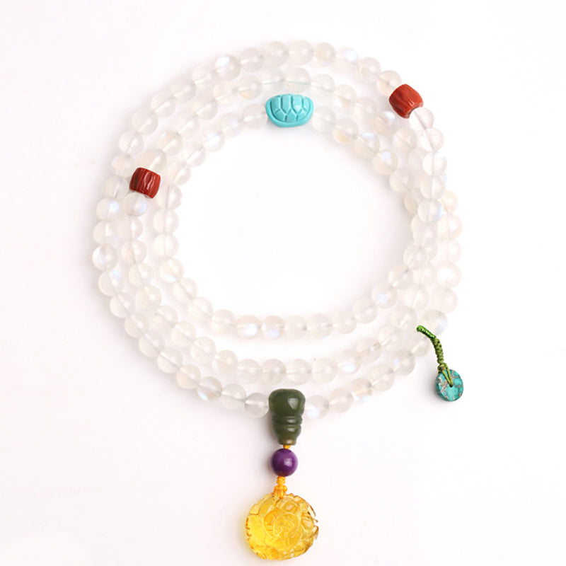 Buddha Stones 108 Mala Beads Moonstone Amber Lotus Turquoise Crystal Healing Bracelet