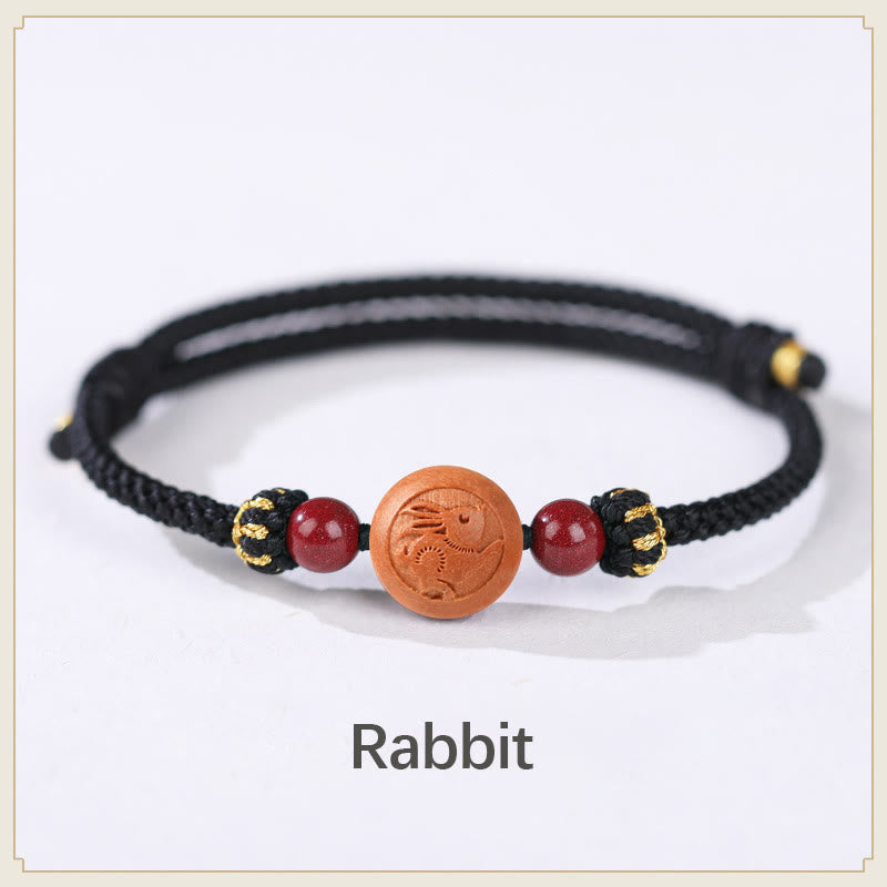 Buddha Stones Natural Peach Wood Chinese Zodiac Fu Character Carved Cinnabar Wealth Bracelet