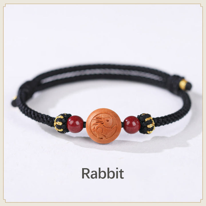 Buddha Stones Natural Peach Wood Chinese Zodiac Fu Character Carved Cinnabar Wealth Bracelet