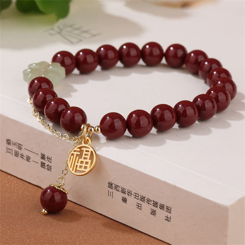 Buddha Stones Cinnabar Fu Character Hetian Jade Lucky Four Leaf Clover Blessing Bracelet