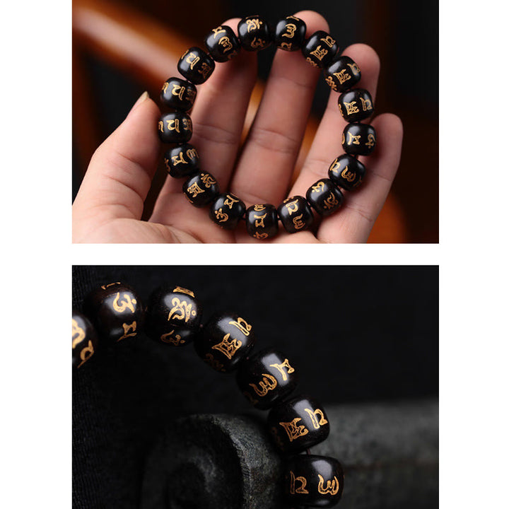 Buddha Stones Tibetan Ebony Wood Om Mani Padme Hum Engraved Peace Bracelet