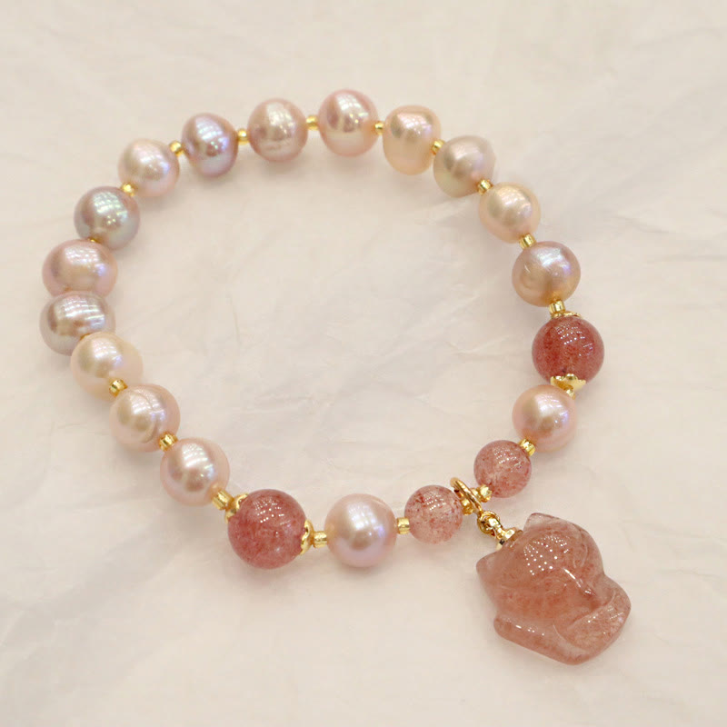 Buddha Stones Natural Pearl Strawberry Quartz Cute Fox Love Healing Charm Bracelet