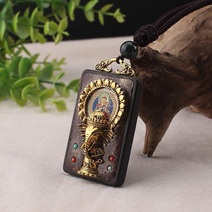 Ebony Wood Elephant God of Fortune Buddha Blessing Necklace String Pendant