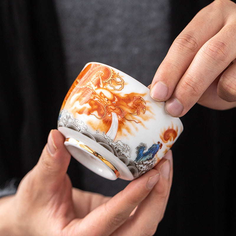 Buddha Stones Dragon Phoenix Crane Sun Ocean Waves Gilt Ceramic Teacup Kung Fu Tea Cup 170ml