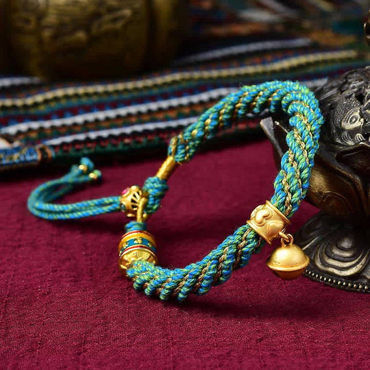 Tibetan Handmade Luck Protection Thangka Prayer Wheel Bell Charm Braid String Bracelet