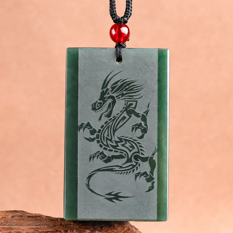 Buddha Stones Hetian Cyan Jade Dragon Engraved Success Necklace Pendant