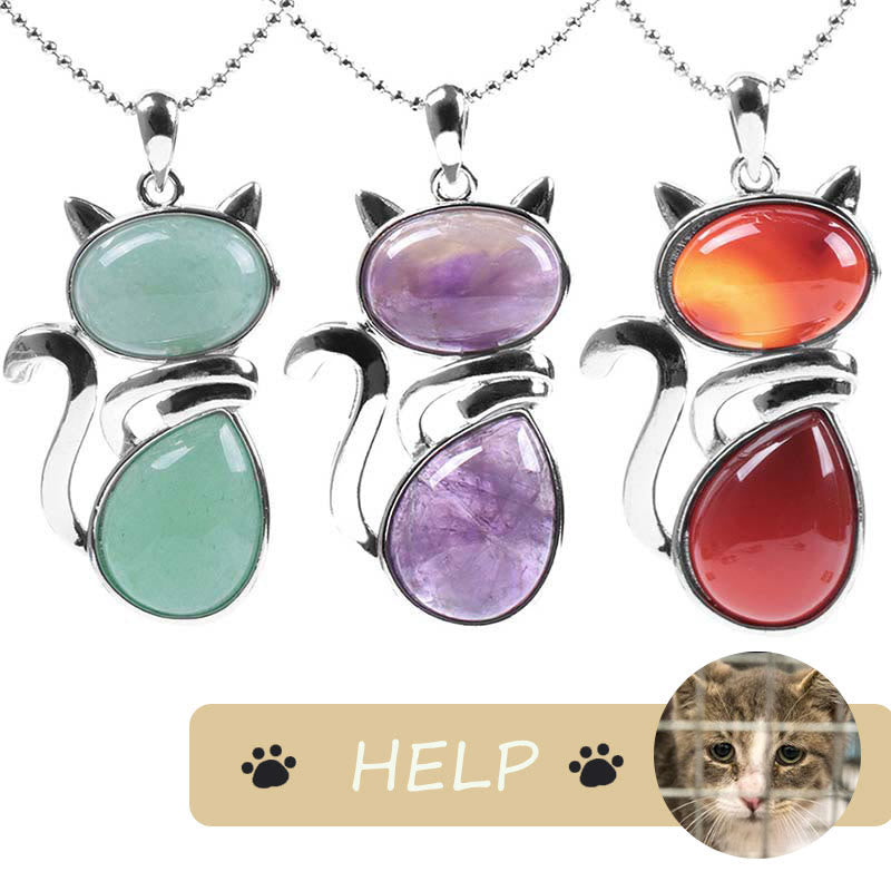 "Save A Cat" Cute Cat Pattern Natural Crystal Protection Cat-Loving Pendant Necklace