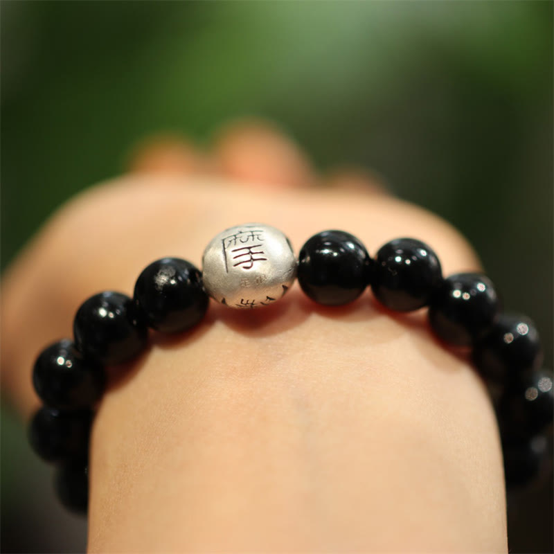 Buddha Stones 925 Sterling Silver Black Onyx Bead Character Engraved Protection Bracelet