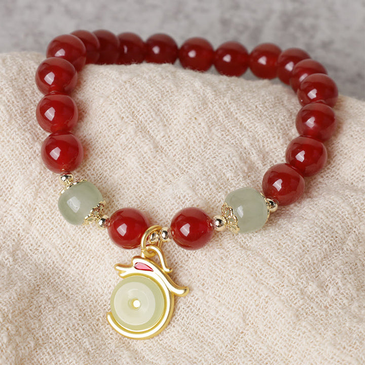 Buddha Stones Year of the Dragon Red Agate Jade Peace Buckle Fu Character Success Bracelet