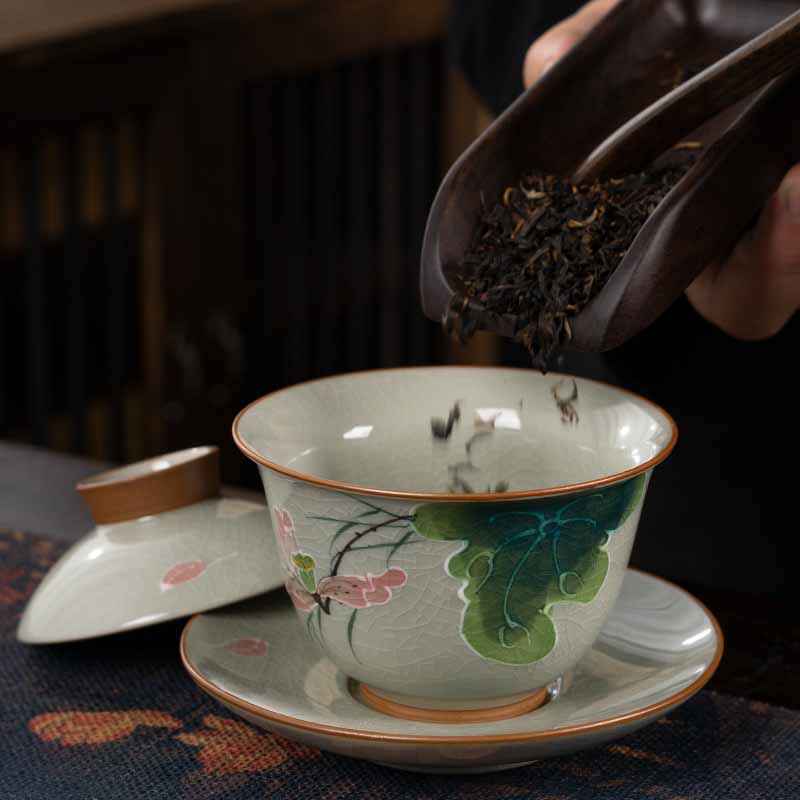 Buddha Stones Lotus Koi Fish Pod Leaf Ceramic Gaiwan Sancai Teacup Kung Fu Tea Cup And Saucer With Lid 140ml