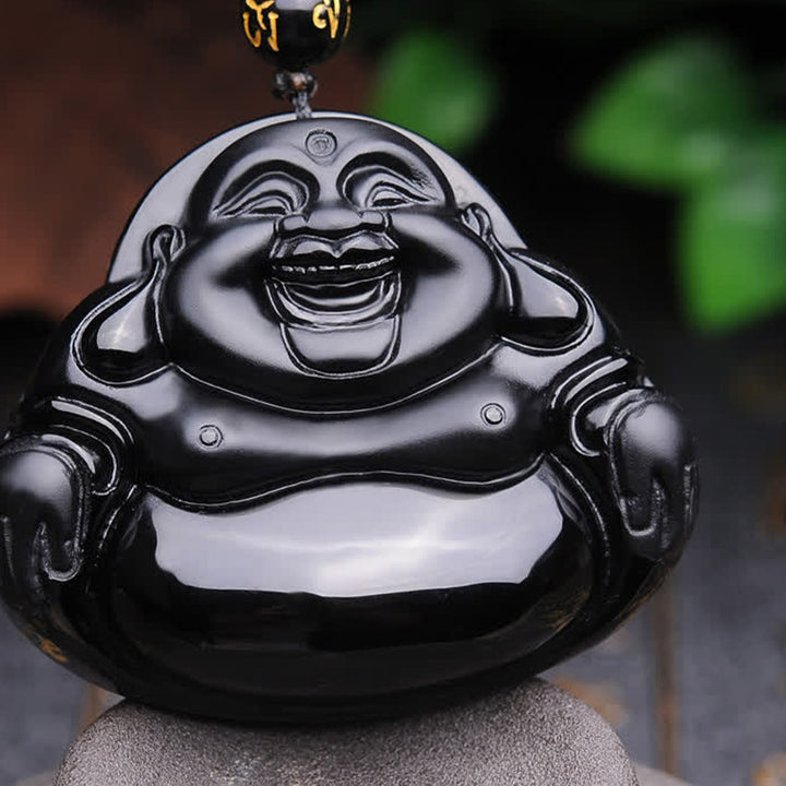 Buddha Stones Laughing Buddha Black Obsidian Transformation Pendant Necklace