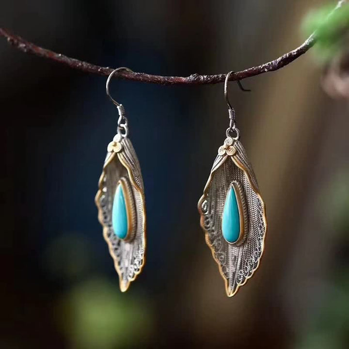 925 Sterling Silver Turquoise Bodhi Leaf Pattern Protection Drop Dangle Earrings