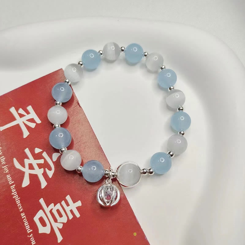 Buddha Stones 925 Sterling Silver Cat's Eye Aquamarine Support Charm Bracelet