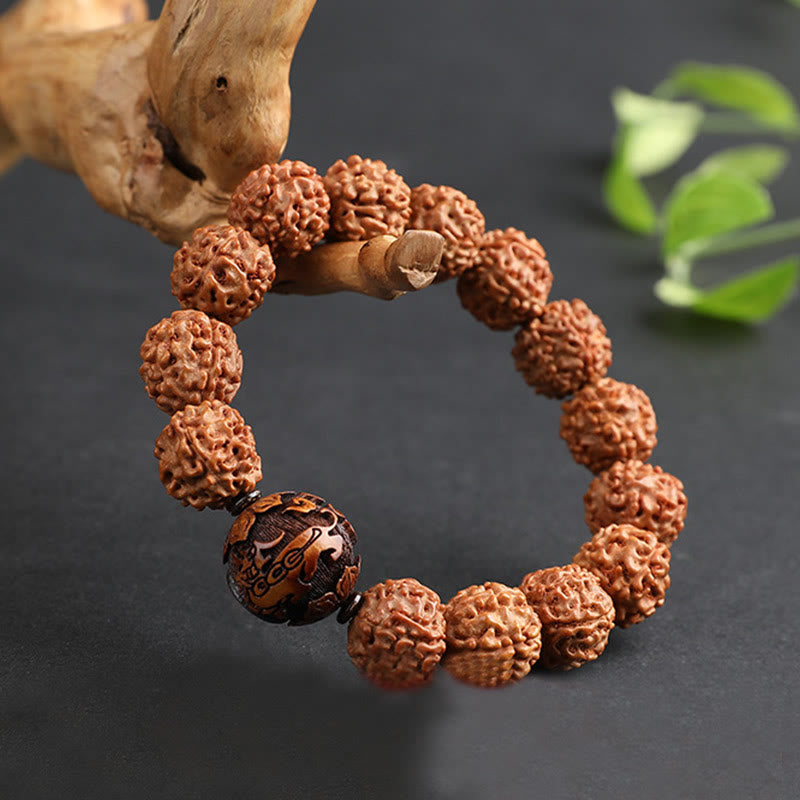 Buddha Stones Tibet Rudraksha Bodhi Seed PiXiu Copper Coin Wealth Luck Bracelet