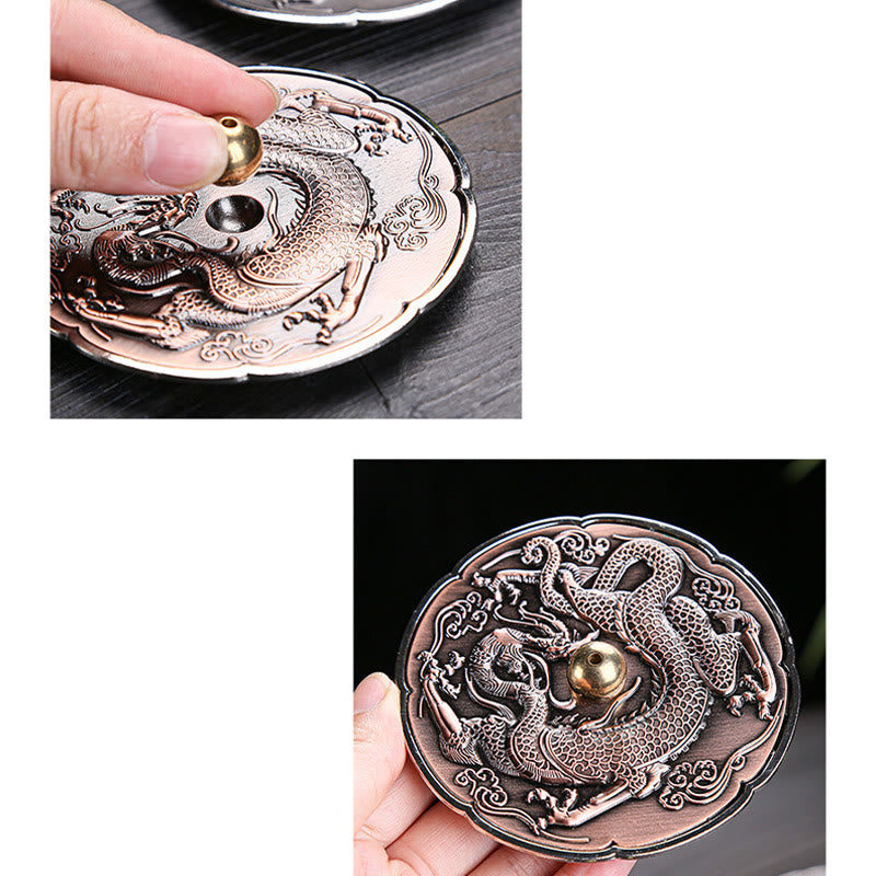 Buddha Stones Round Auspicious Dragon Protection Copper Alloy Stick Incense Burner Decoration