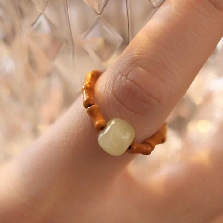 Hetian Jade Beaded Bamboo Prosperity Luck Ring