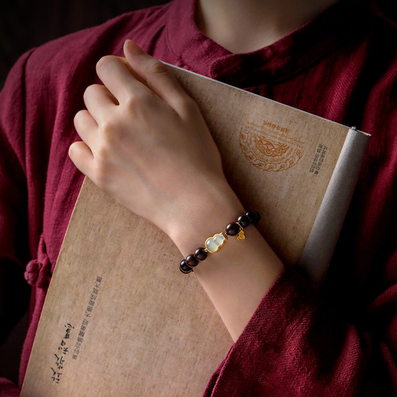 Buddha Stones Small Leaf Red Sandalwood Gourd Jade Calm Relaxation Bracelet