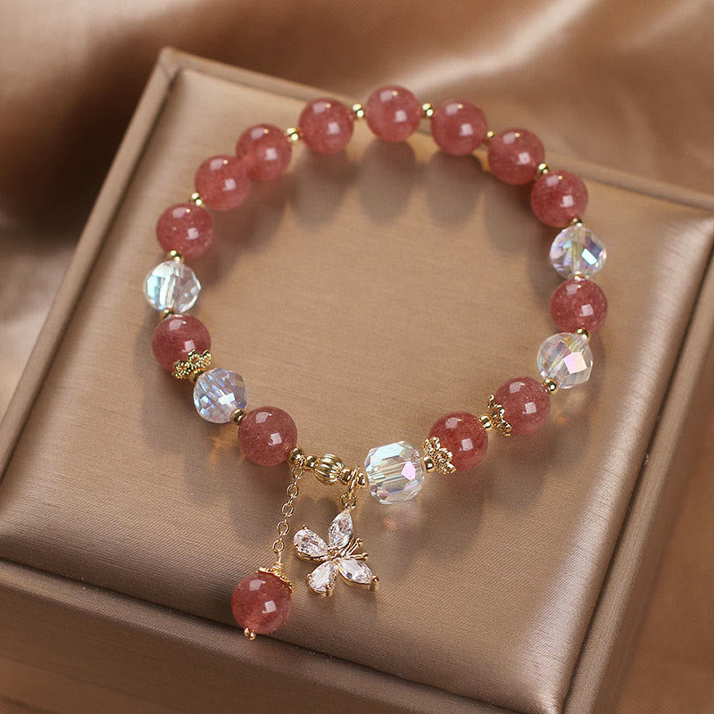 Buddha Stones Natural Strawberry Quartz Love Healing Butterfly Charm Bracelet