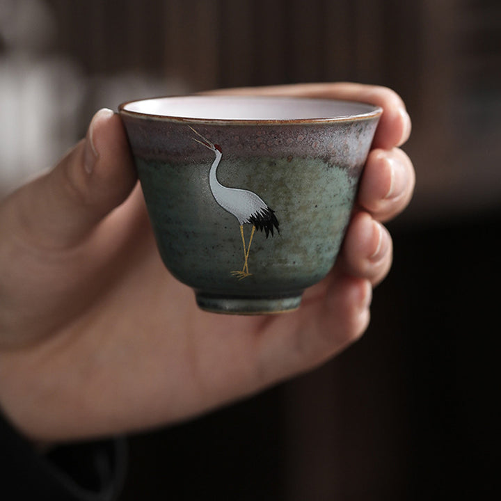 Buddha Stones Auspicious Crane Ceramic Teacup Kung Fu Tea Cup Bowl