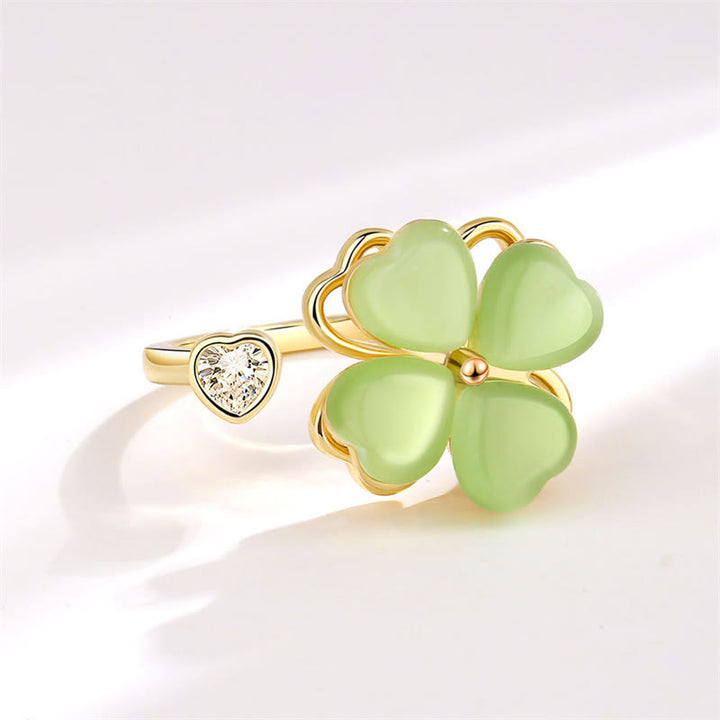 Buddha Stones Cat's Eye Four Leaf Clover Zircon Love Rotatable Ring