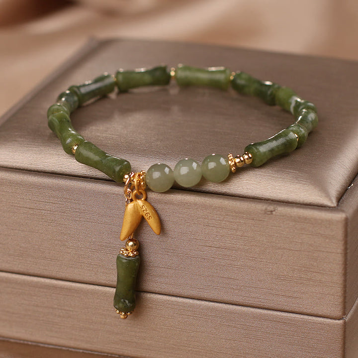 Buddha Stones Green Bamboo Jade Leaf Pattern Wealth Luck Bracelet