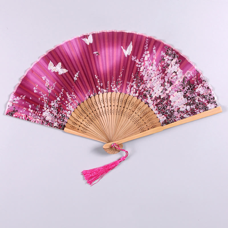 Buddha Stones Butterfly Flowers Handheld Bamboo Folding Fan