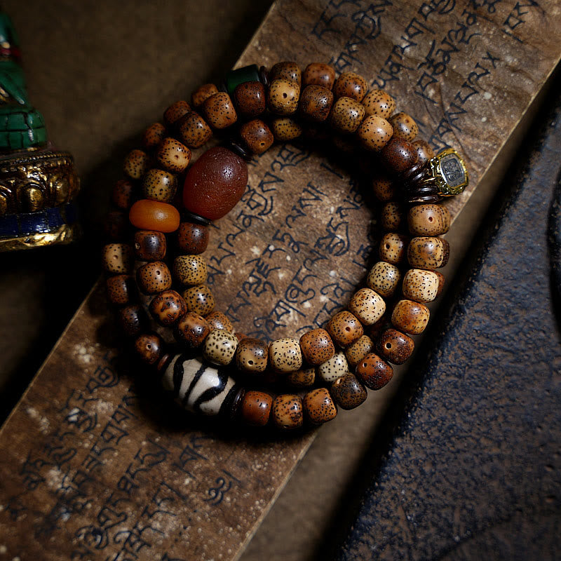 Buddha Stones Tibetan Bodhi Seed Amber Dzi Bead Agate Zakiram Goddess of Wealth Beads Triple Wrap Bracelet