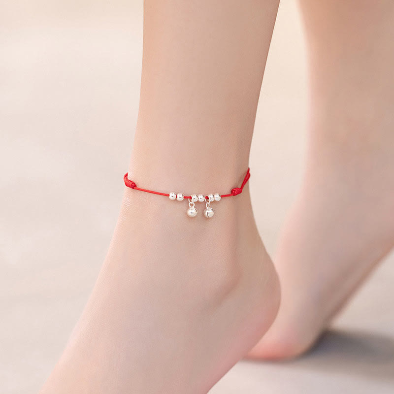 Buddha Stones 925 Sterling Silver Red String Braid Bell Charm Anklet